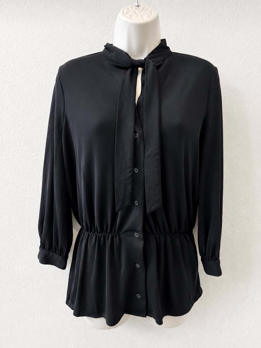 Ann Taylor Black Tie-Neck Cinched Waist Blouse Top XS